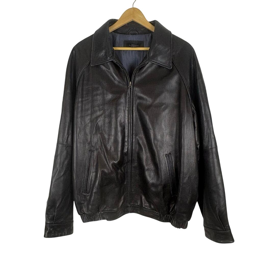 Van Heusen Leather Bomber Jacket Black Vintage Y2K 90s Zip Up Collared Mens XL